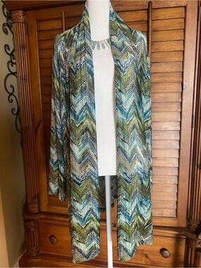 Susan Graver Chevron Open-Front Duster in Teal, Olive & Navy